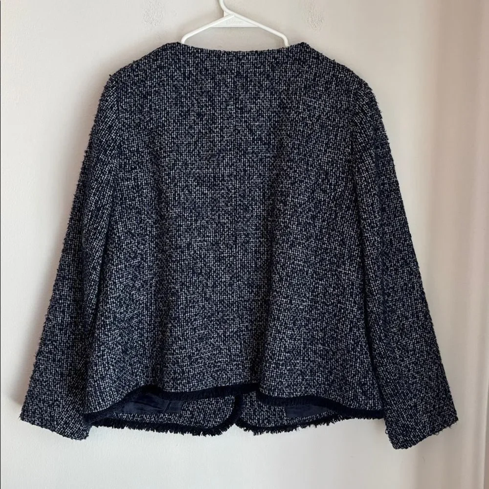Talbots Women Navy Tweed fringe Blazer suit jacket Gold Buttons front pocket 12W